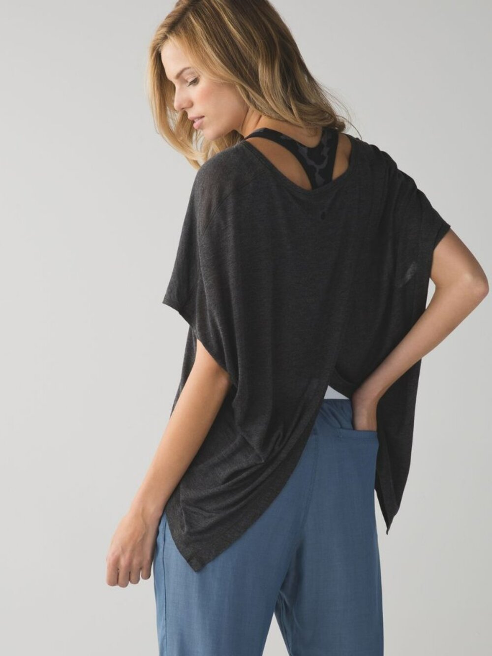 Lululemon Devout Side Tie V-Neck T-Shirt in a heathered Charcoal Gray